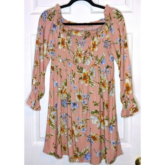 Xhilaration Blushing Pink Peasant Ruffle Long Sleeve Floral Spring Dress S - Picture 3 of 13